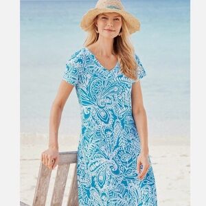 Soft Surroundings 100% Cotton Swing Dress Cyan Paisley women’s S blue Resort vac